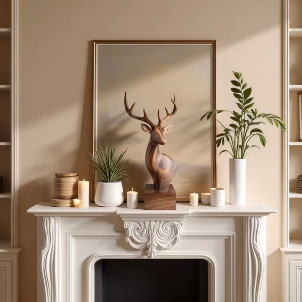 Hand-Carved Ash Wood Deer Sculpture