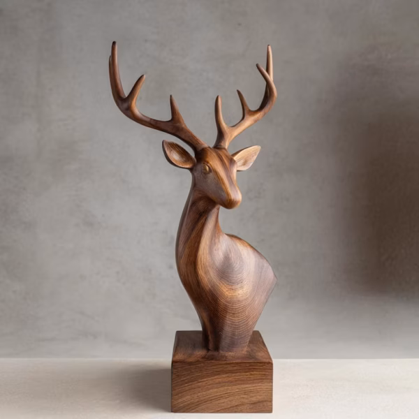 Hand-Carved Ash Wood Deer Sculpture