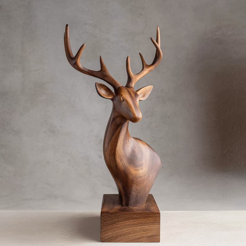Hand-Carved Ash Wood Deer Sculpture