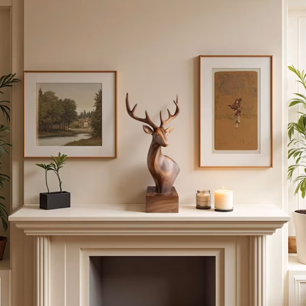 Hand-Carved Ash Wood Deer Sculpture