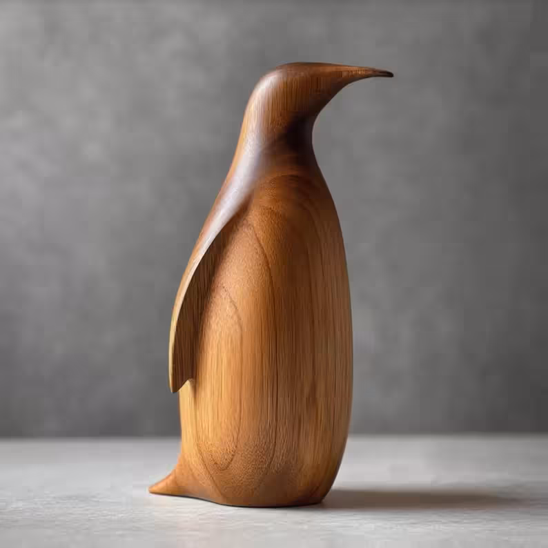 Handmade Walnut Wood Penguin Sculpture