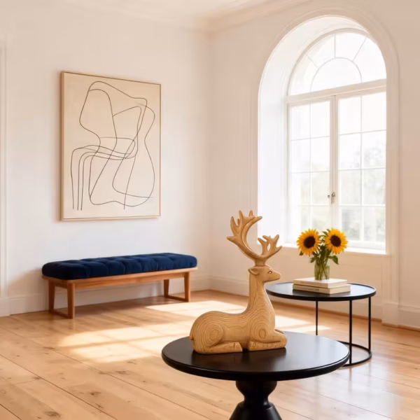 Hand Carved Reclining Deer Sculpture