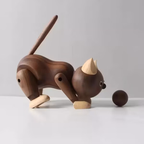 Two-Tone Hand-Carved Wooden Cat