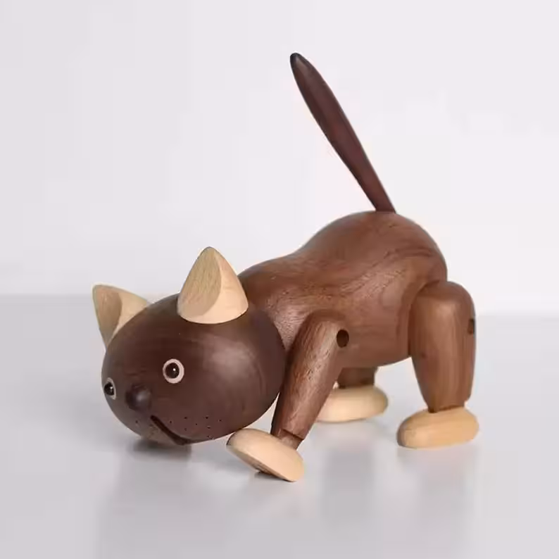 Two-Tone Hand-Carved Wooden Cat