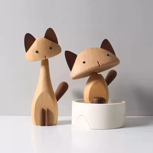 2 Hand-Carved Wooden Cats