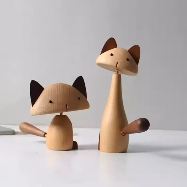 2 Hand-Carved Wooden Cats