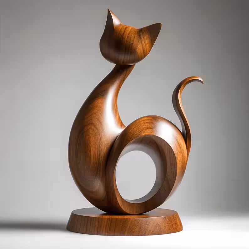 Hand-Carved Walnut Cat Sculpture