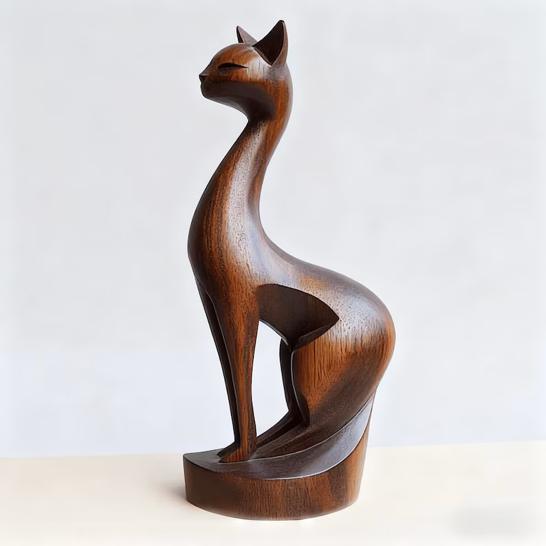 Hand-Carved Wooden Cat