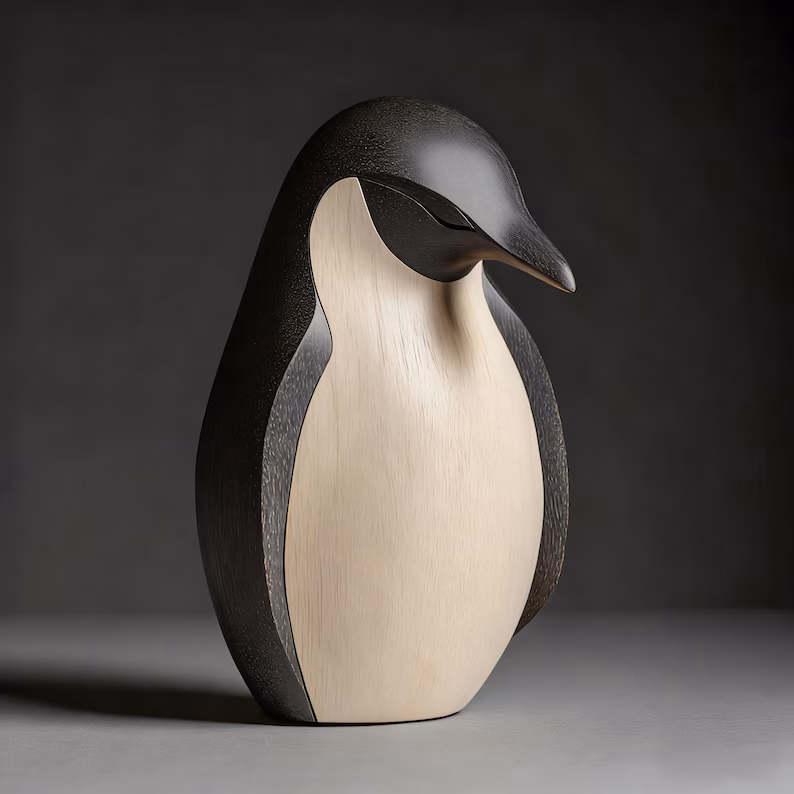 Hand-Carved Wooden Penguin Sculpture