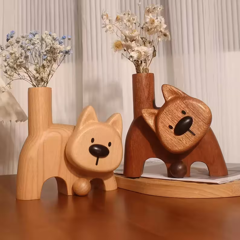 Wooden dog vase