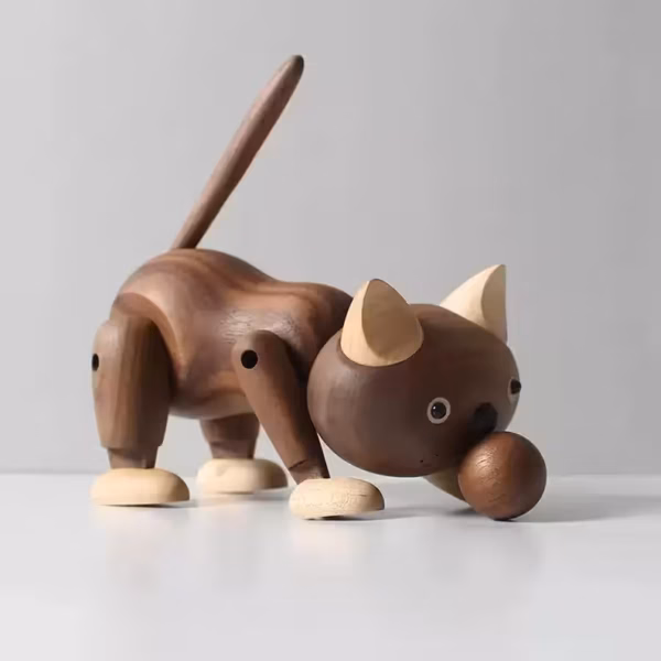 Two-Tone Hand-Carved Wooden Cat