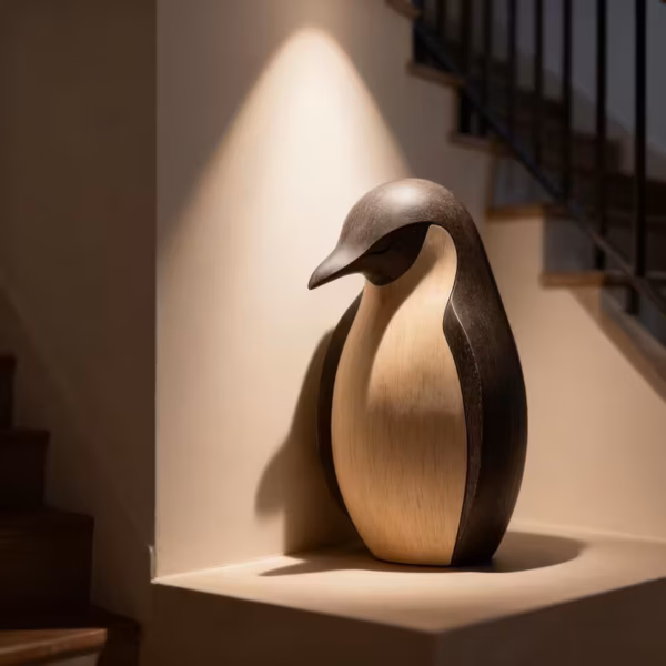 Hand-Carved Wooden Penguin Sculpture