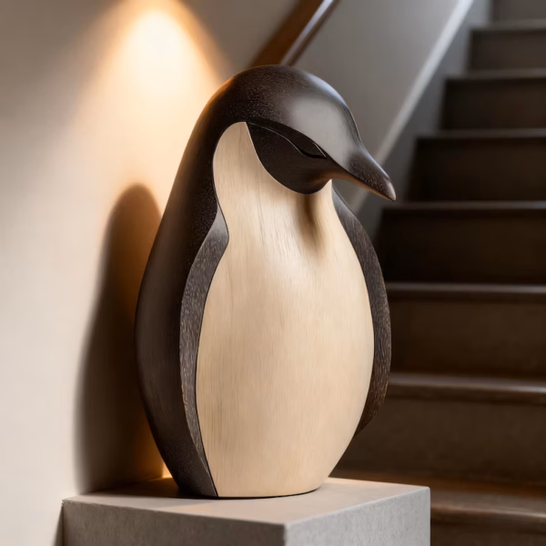 Hand-Carved Wooden Penguin Sculpture